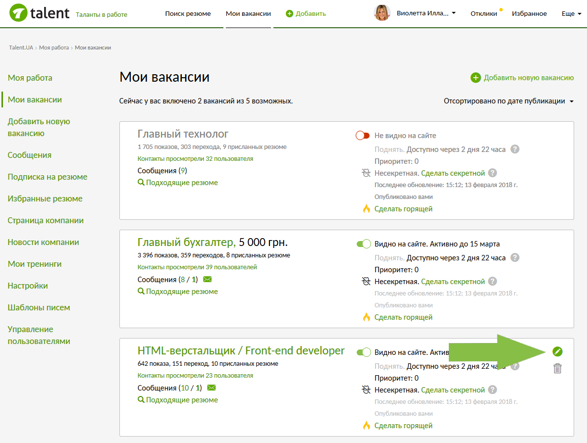 Редактировать вакансию