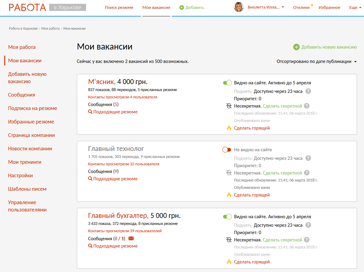 Количество вакансий